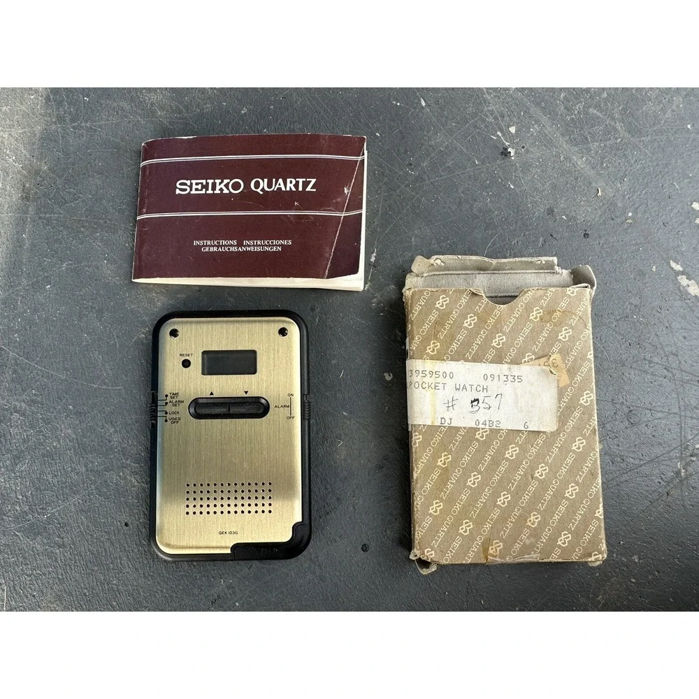 Vntg SEIKO Voice Travel Alarm QEK 103G Digital Quartz Box & Manual Needs Battery